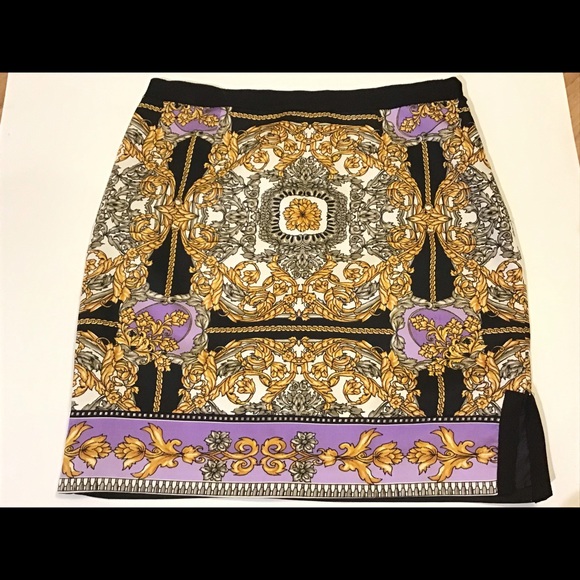 Laundry Versace style gold lavender with black chain print silky mini skirt sz 8 - Picture 4 of 10